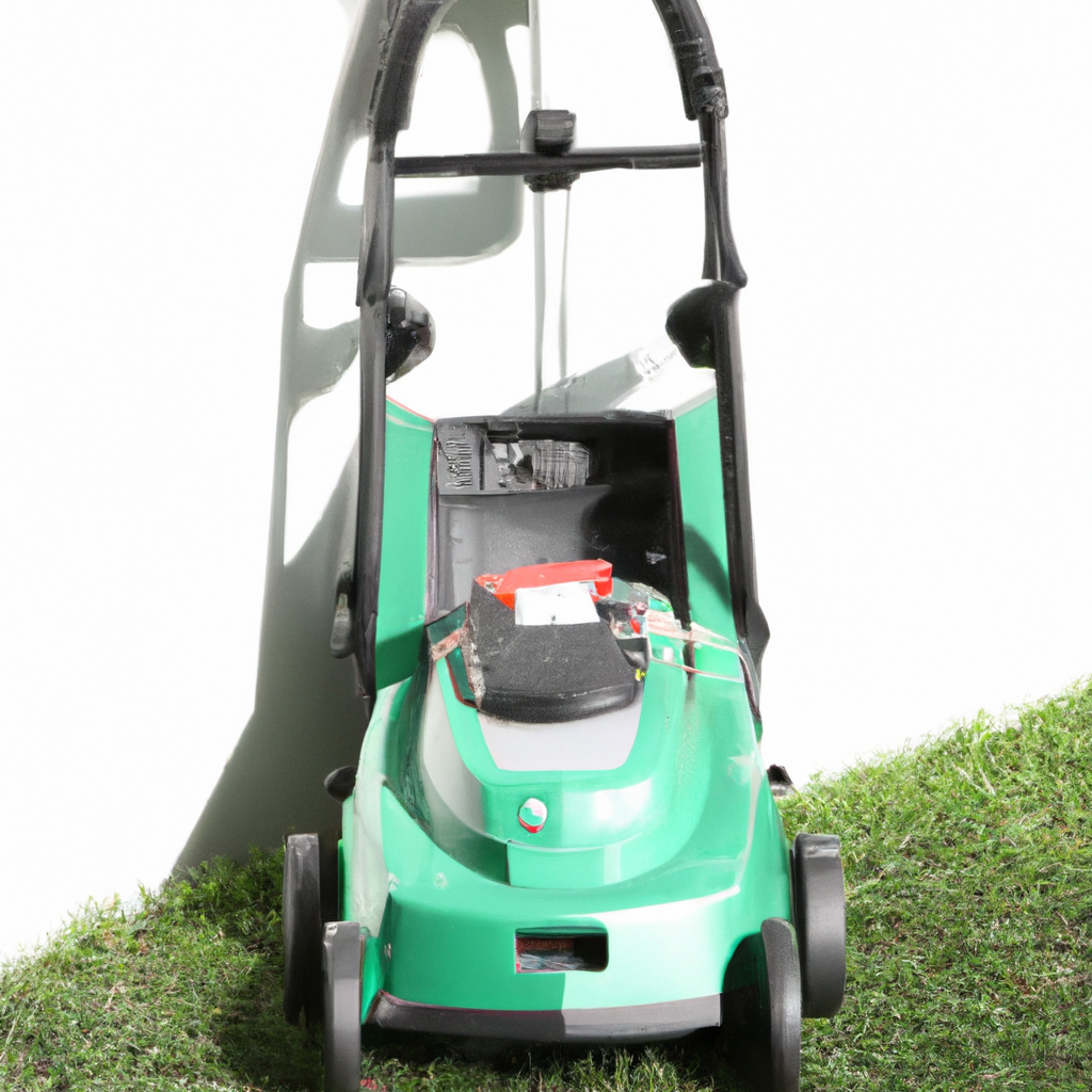 Eco-friendly electric mower at charging station