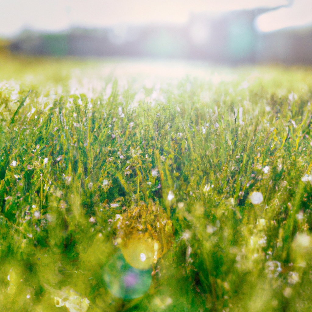 Lawn mowing at sunrise with dew on grass—soft bokeh background