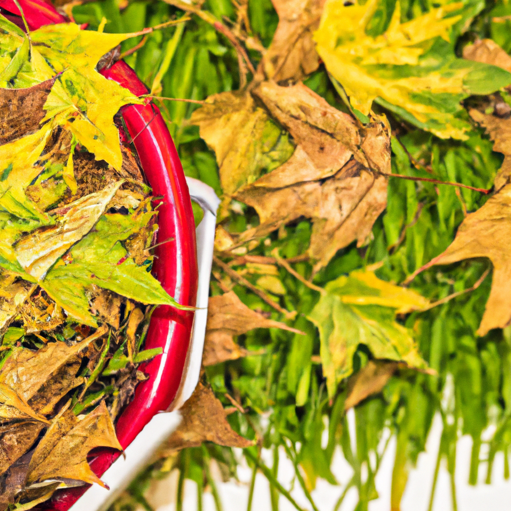 Ryegrass seed spreader on a fall lawn with maple leaves